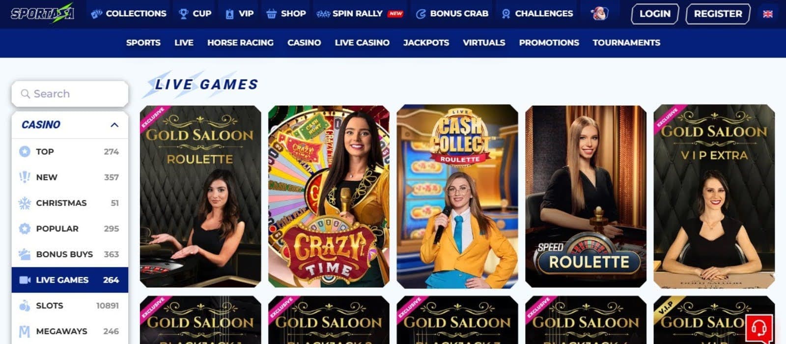 Sportaza Casino's live games section, showing variations of roulette.