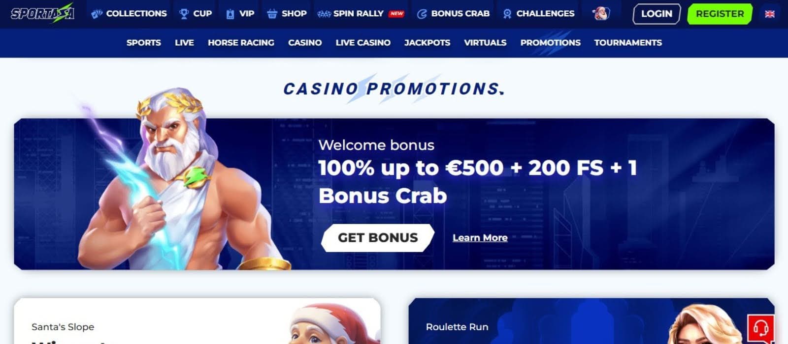 Sportaza Casino's homepage, showing the welcome bonus and a horizontal menu.