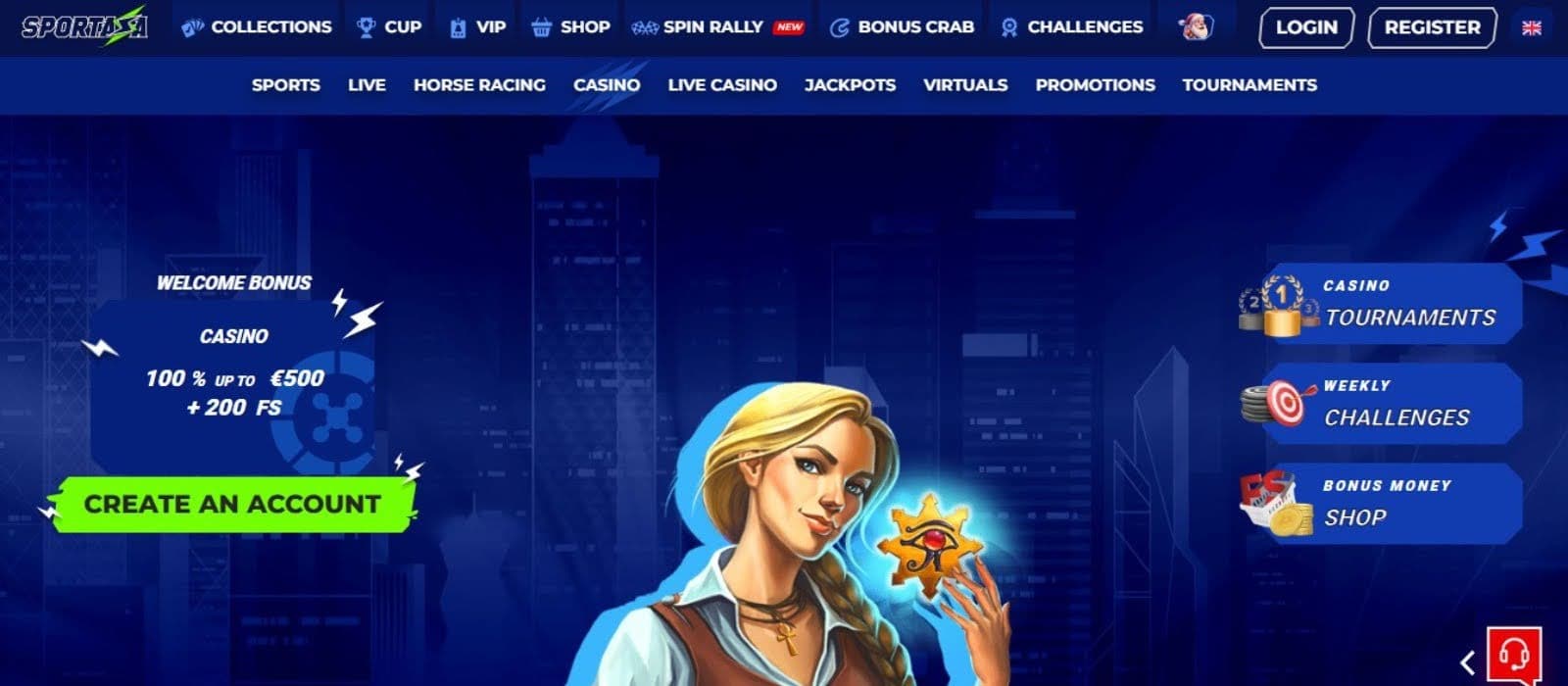 Sportaza Casino's promotions page, showing the welcome bonus besides a mythic game avatar.