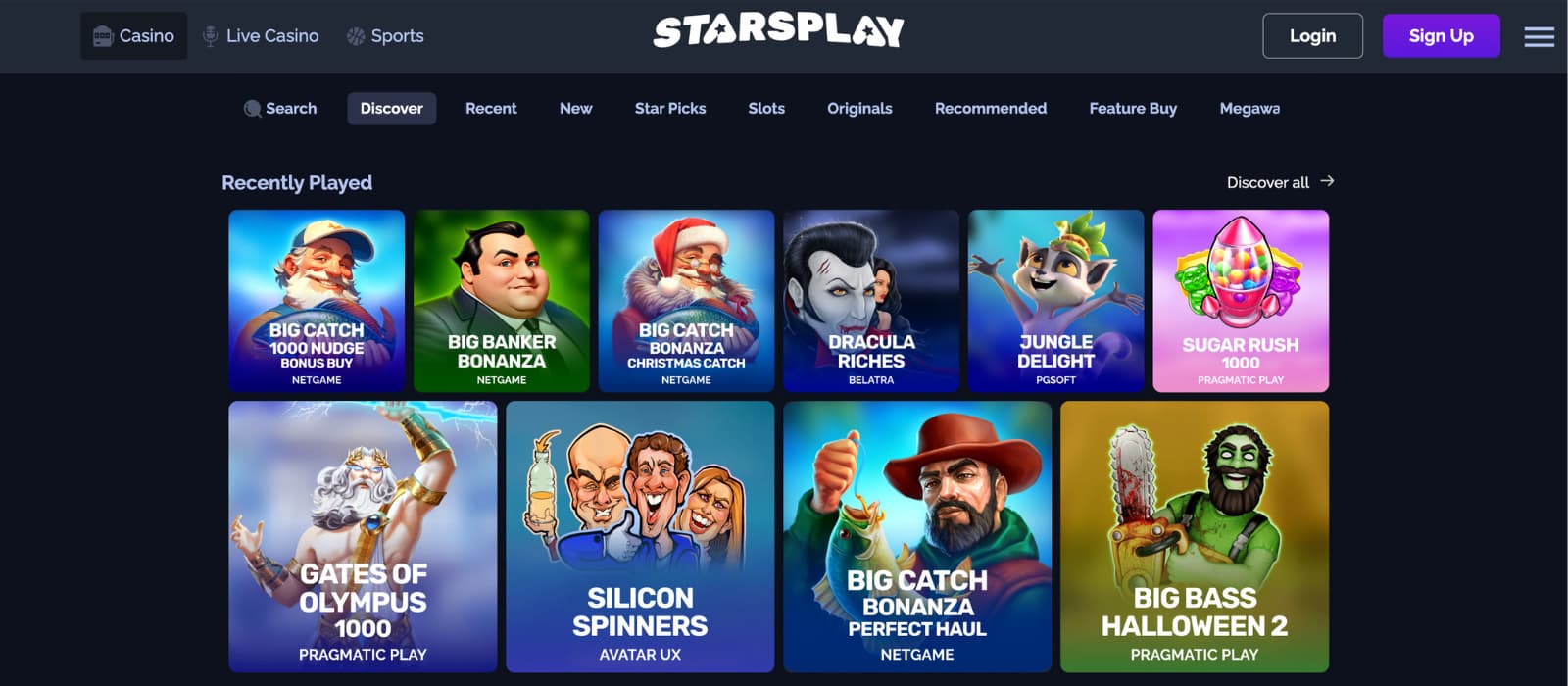 StarsPlay Casino games page displaying the game library with category filters, featured slots, and recently played titles.