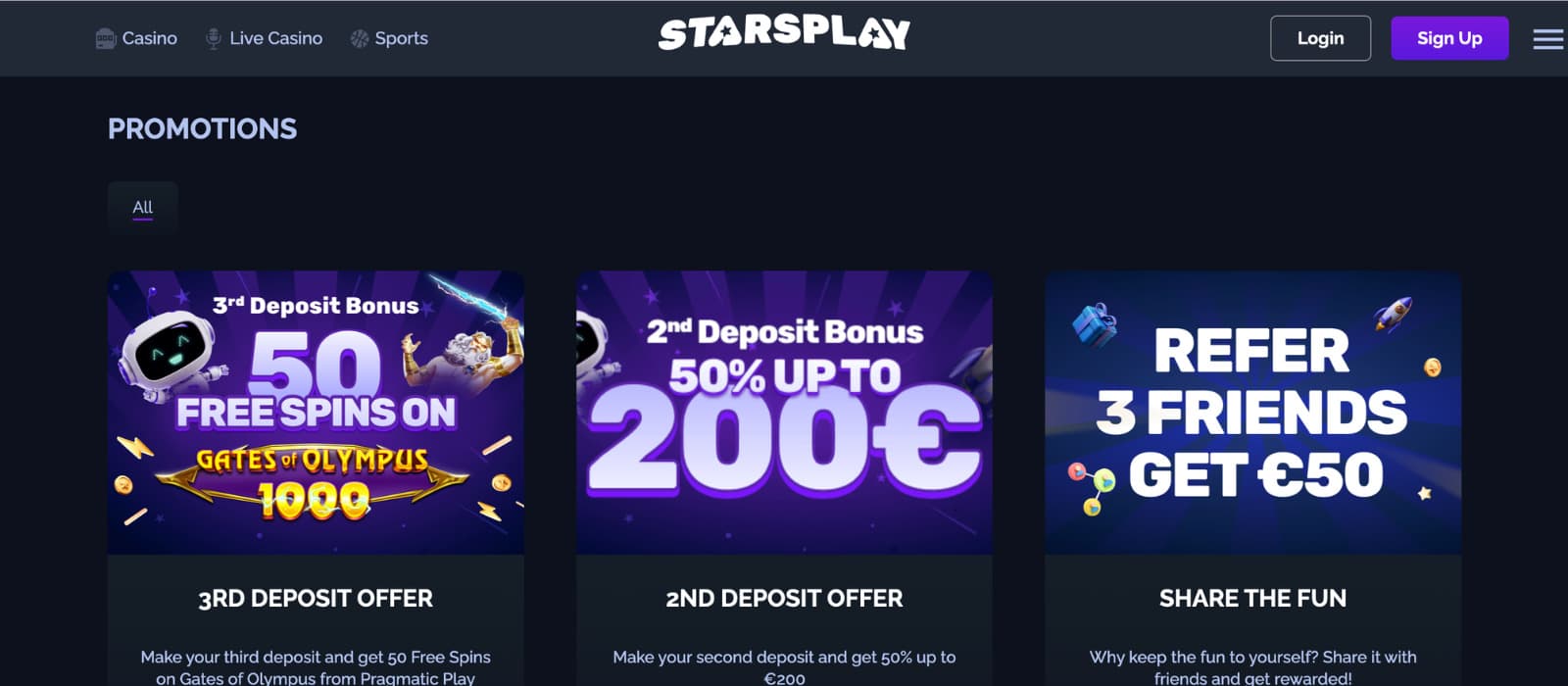 StarsPlay Casino landing page displaying featured slot games, recently played titles, and the main casino navigation.