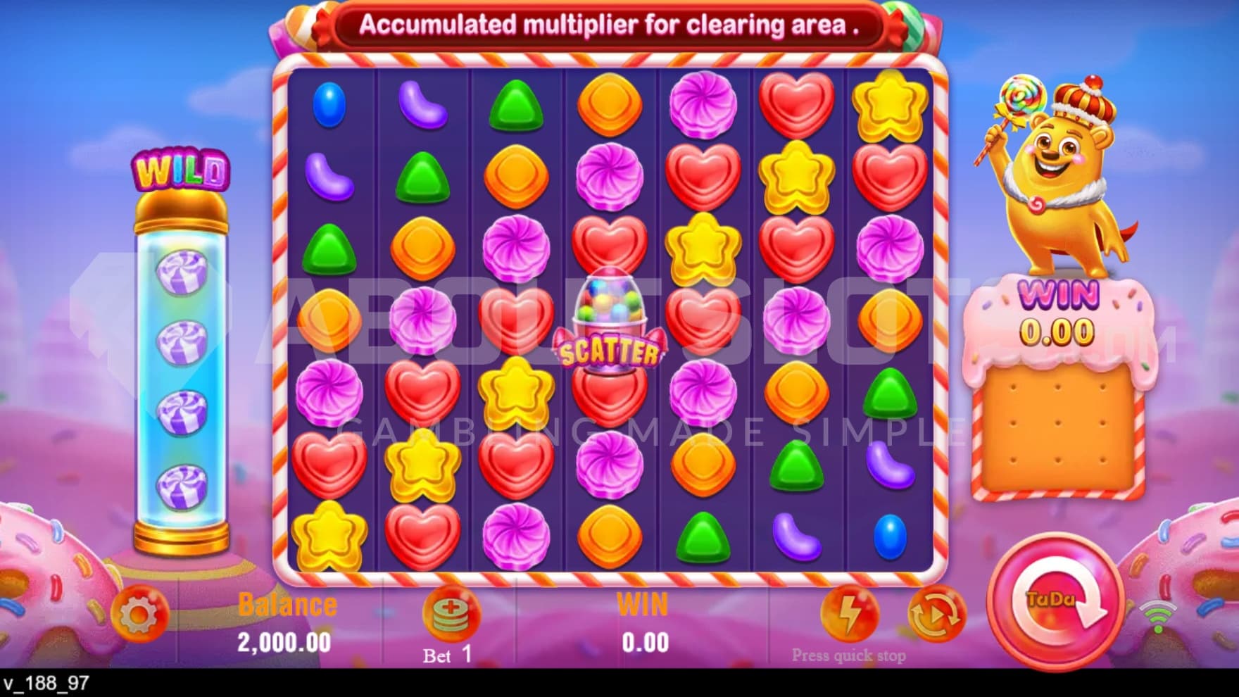 The king Gummy Bear stands next to the playing grid, showing off his candy kingdom