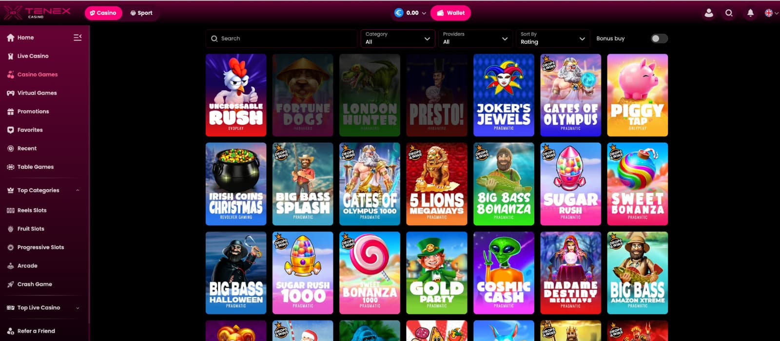 Tenex Casino games page showing slot thumbnails, search filters, and provider categories.