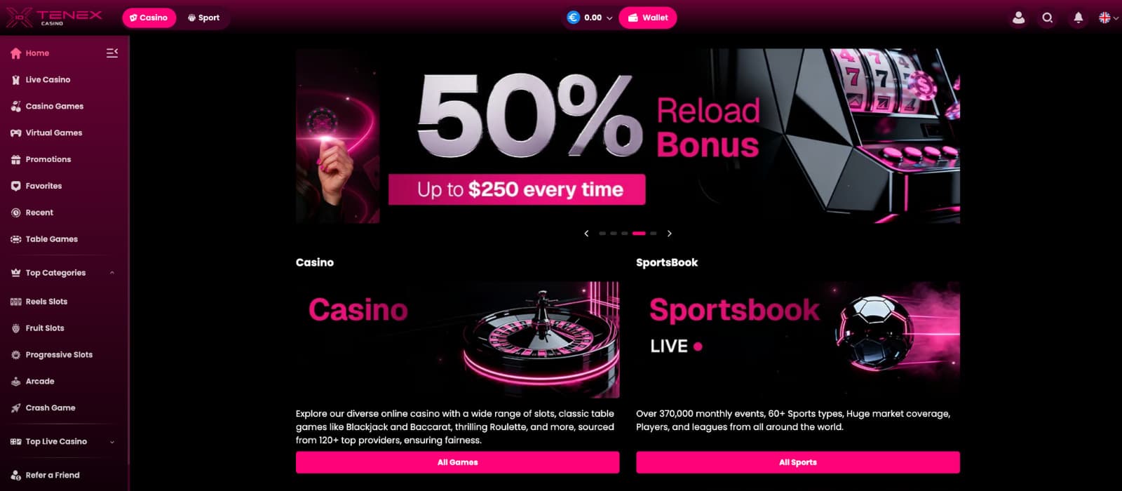 Tenex Casino homepage featuring a 50 percent reload bonus banner and quick links to casino and sportsbook sections.