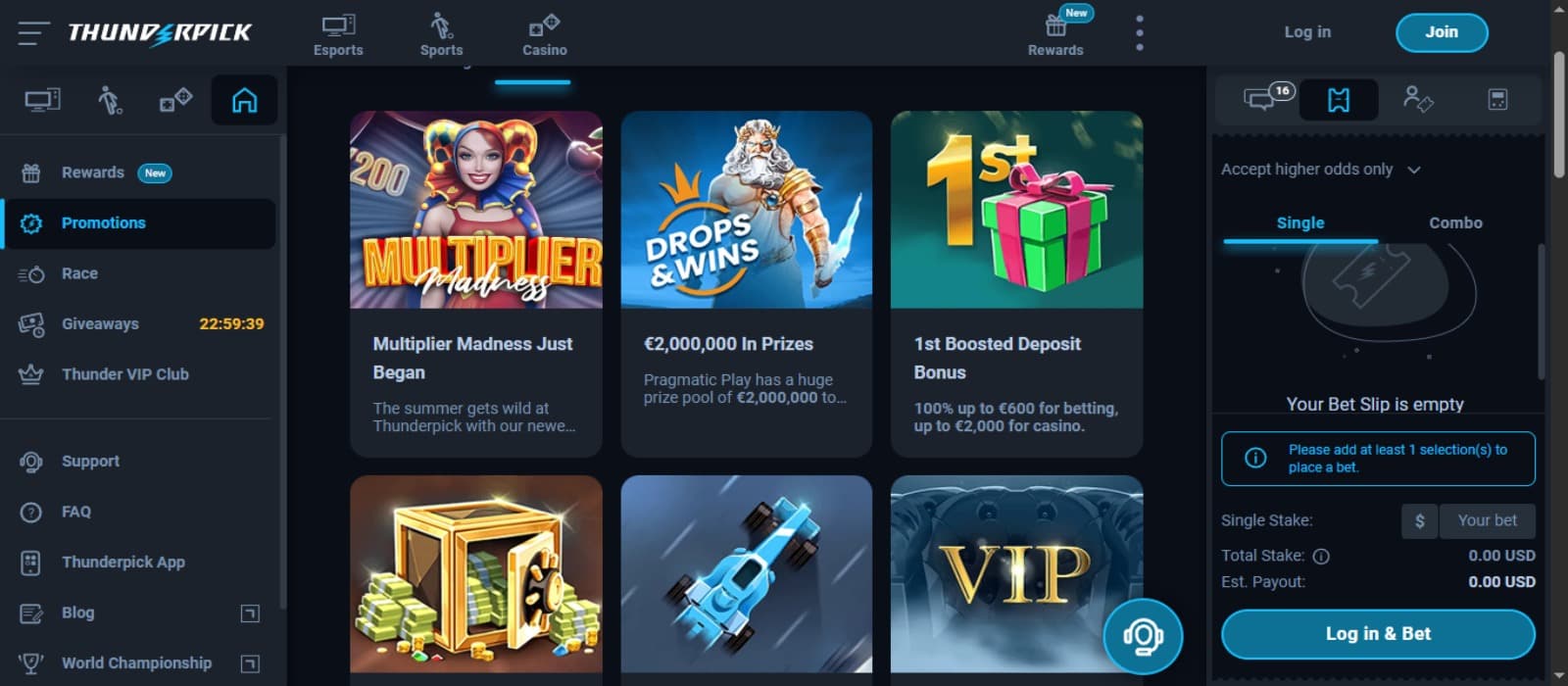 Thunderpick Casino promotions page with the various bonus offer banners, game categories on the left side and betting table on the right side