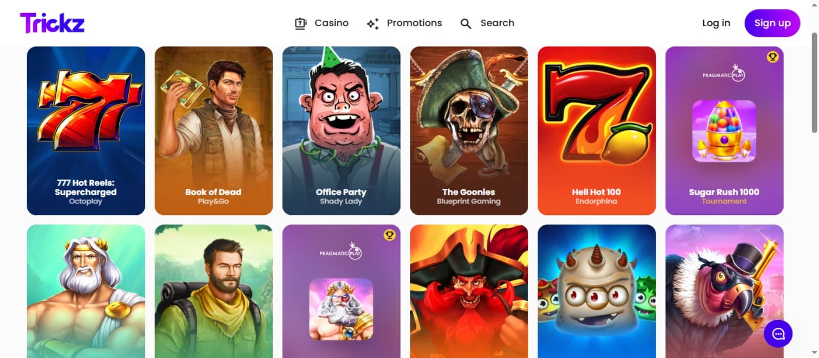 Trickz Casino games page showing a selection of casino games and game categories. 