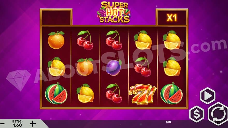 Five slot reels on a purple background. 