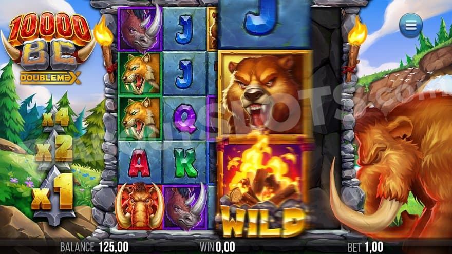 A mammoth pushes three gigablox symbols to the right towards the left.