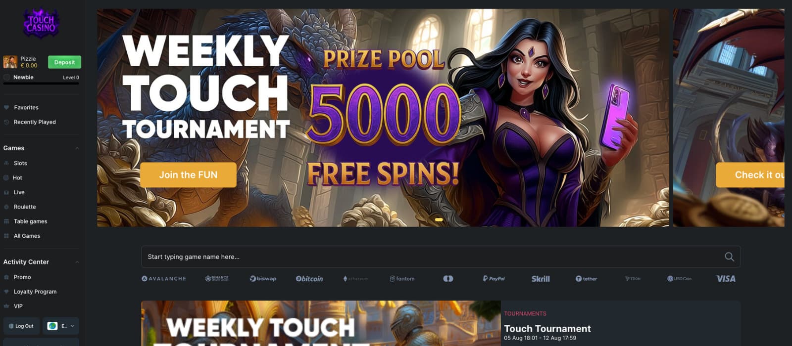 Touch Casino landing page with bold Weekly Tournament banner, Join the Fun CTA, and payment icons like Bitcoin, Skrill, Tether, PayPal, and VISA listed below.