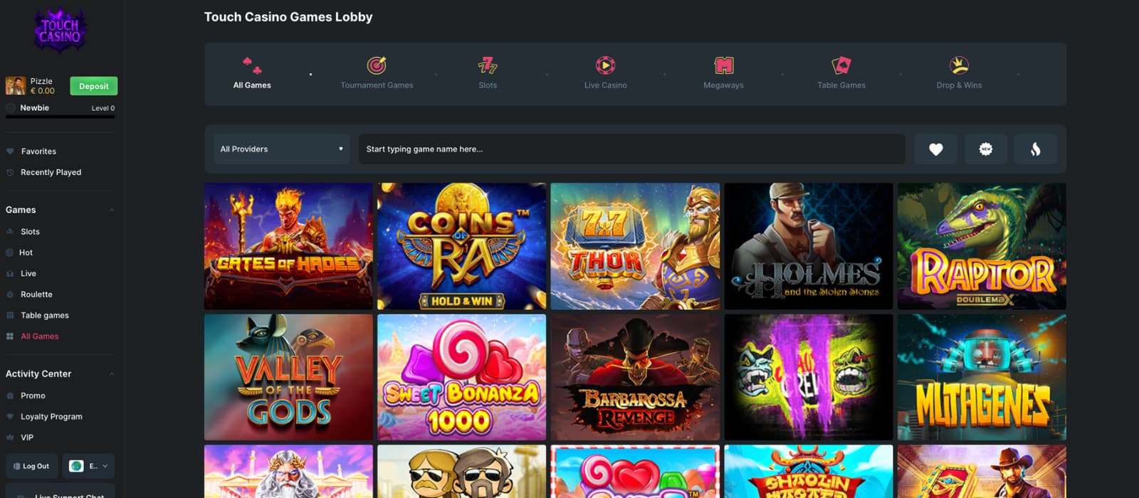 Touch Casino games page showing featured titles like Gates of Hades, Coins of Ra, and Sweet Bonanza 1000. Game filters, provider dropdown, and search bar visible at the top.