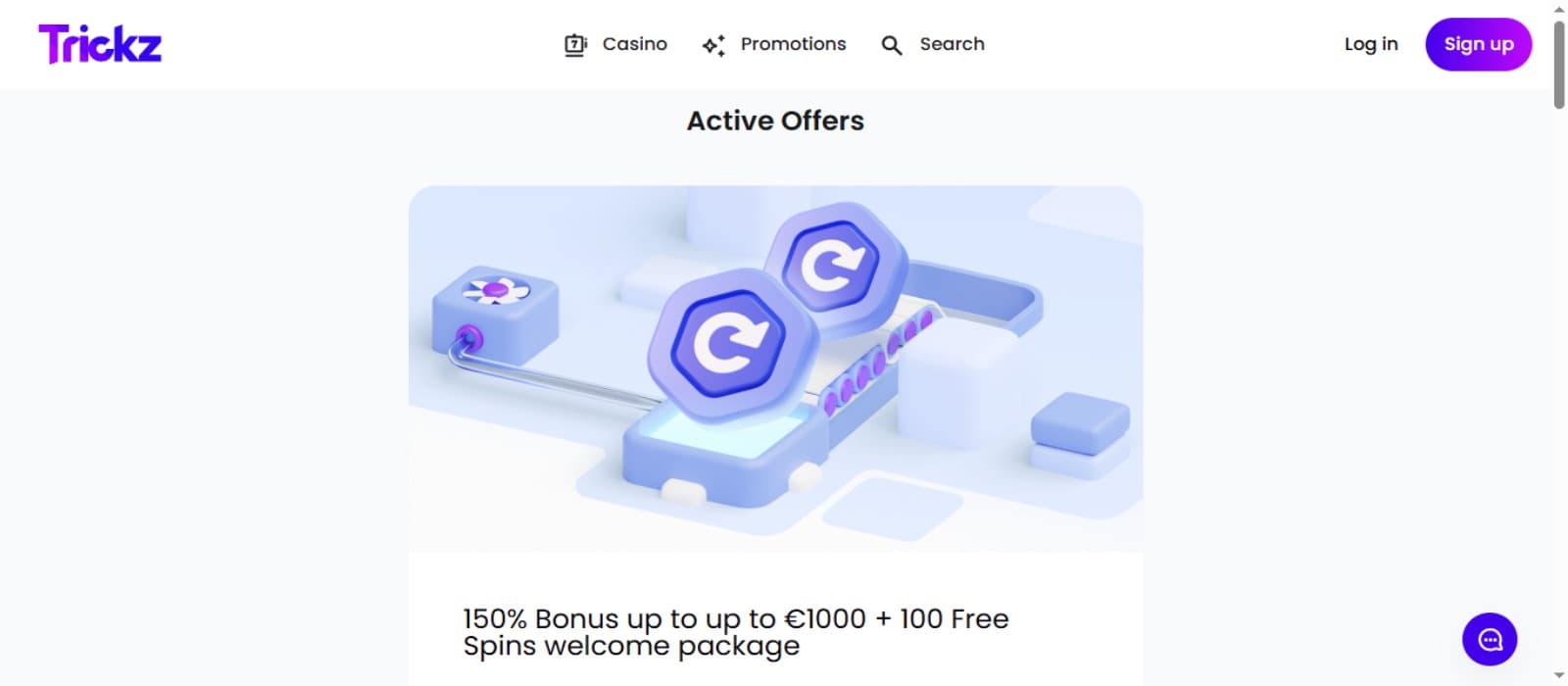 Trickz Casino promotions page with the welcome bonus offer details and top navigation menus