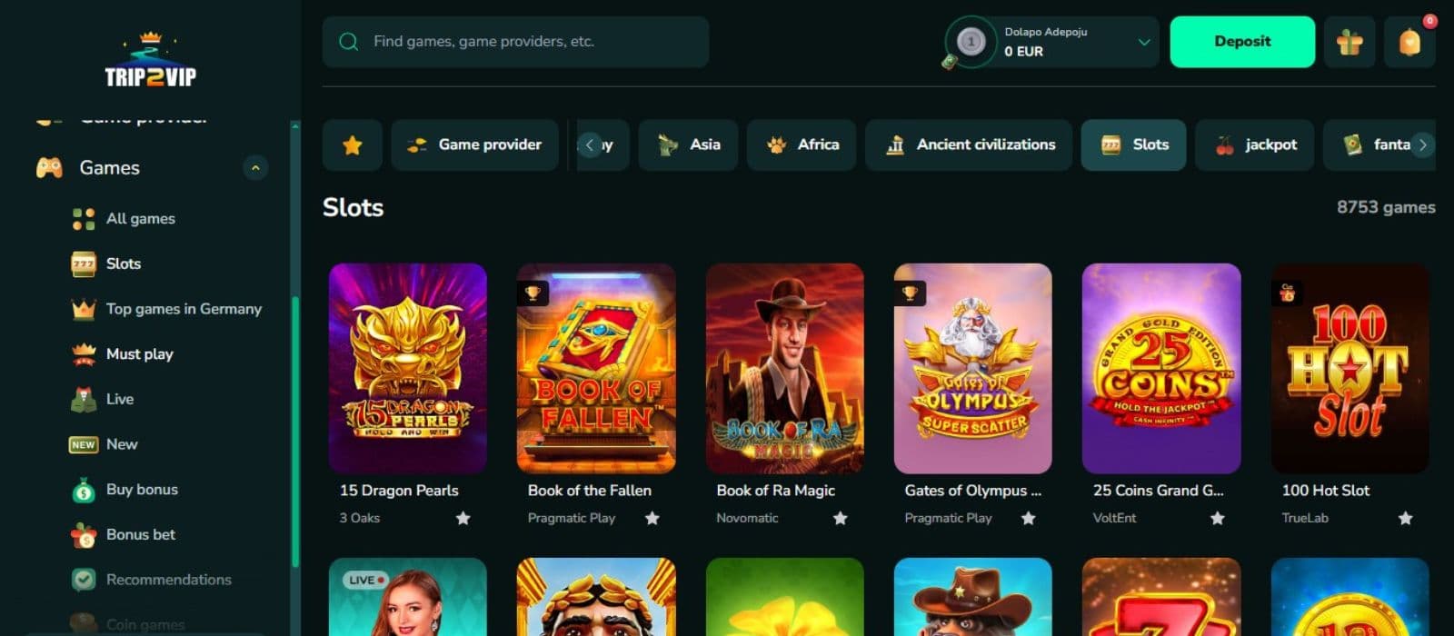 Trip2VIP Casino's slot games category, showing impressive titles, including Book of Ra Magic.