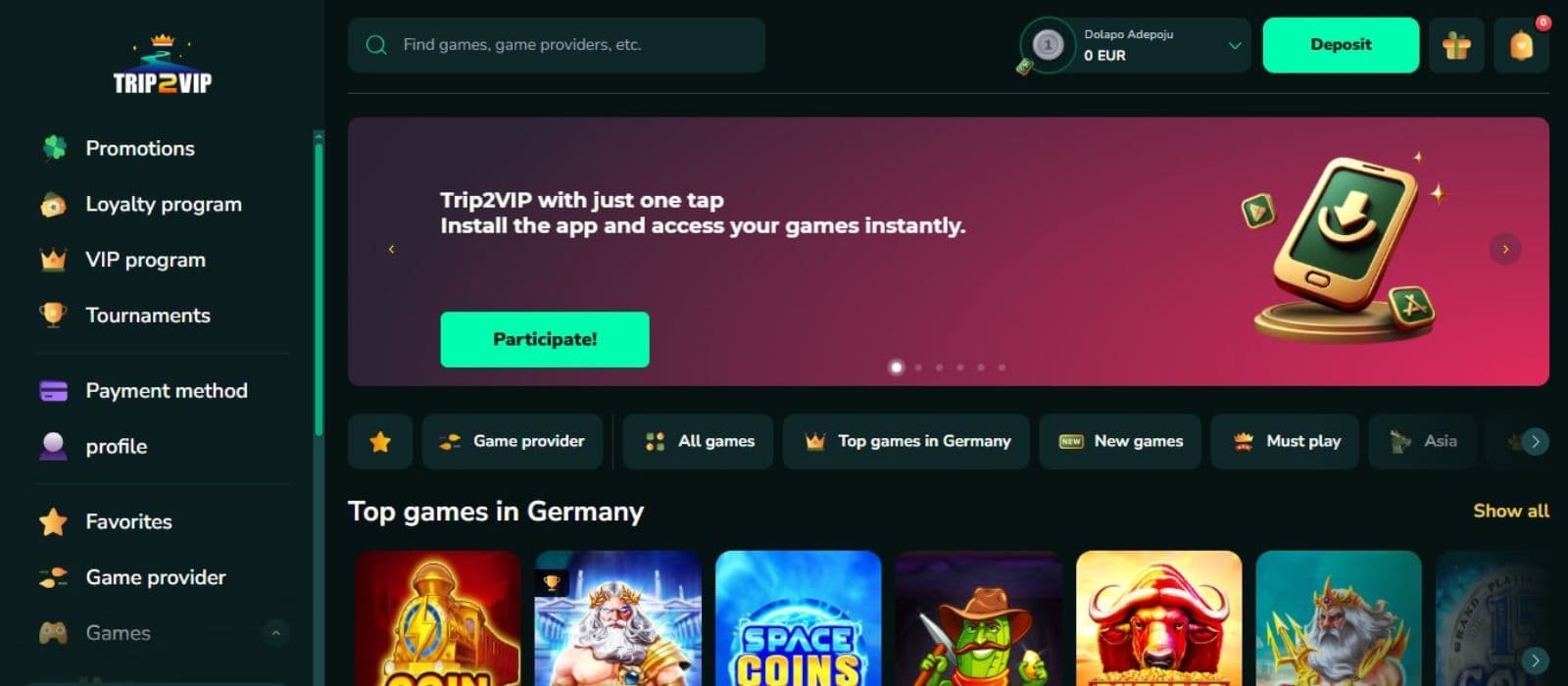 Trip2VIP Casino's landing page, showing a sidebar menu and a banner inviting you to install the apps.
