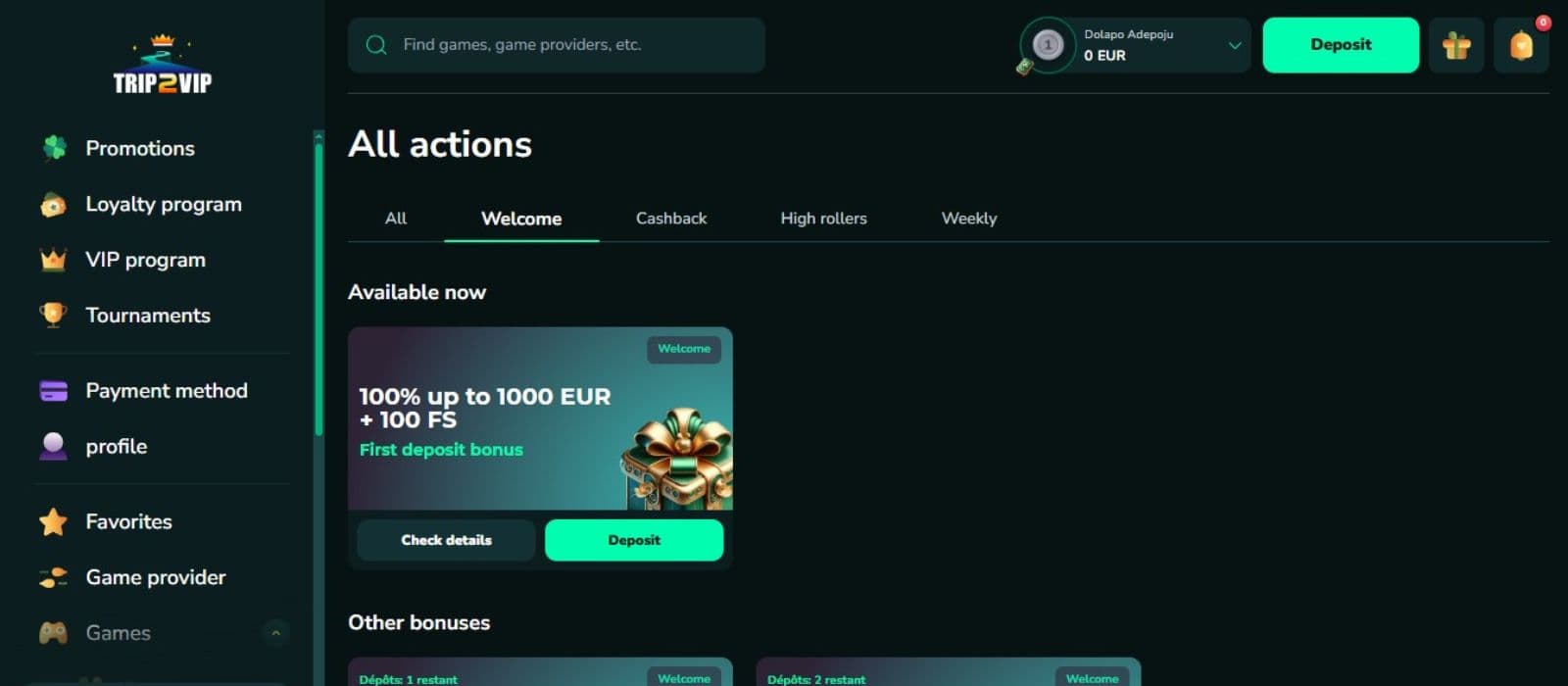 Trip2VIP Casino's promotion page, showing the first deposit bonus.