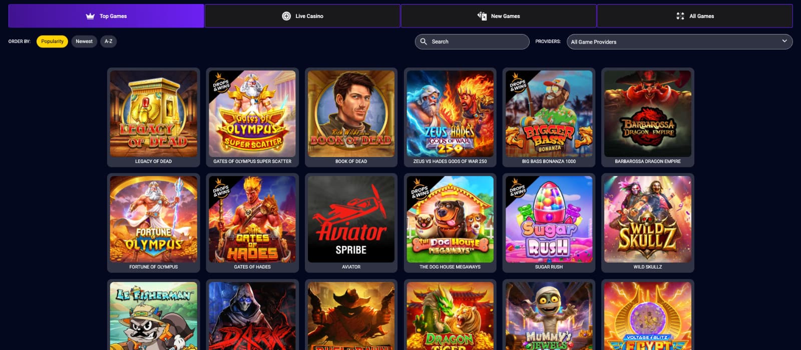 Trybet Casino games page showing slot titles, provider filter, search bar, and top games category layout