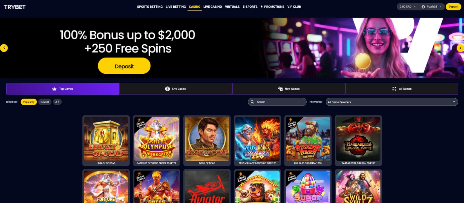 Trybet Casino landing page showing welcome bonus and main navigation menu highlighting casino section