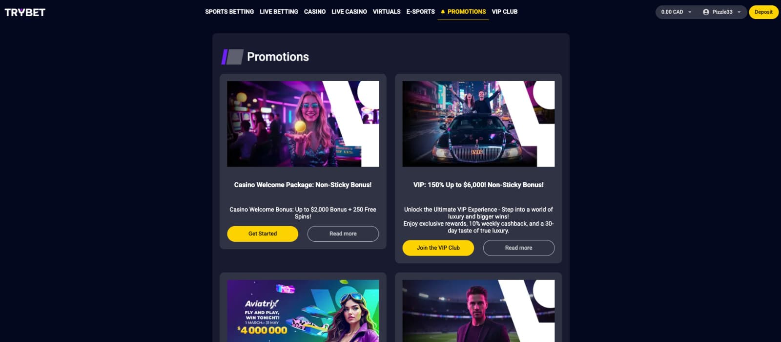 Trybet Casino promotions page displaying welcome bonus, VIP offer, and ongoing promotional deals