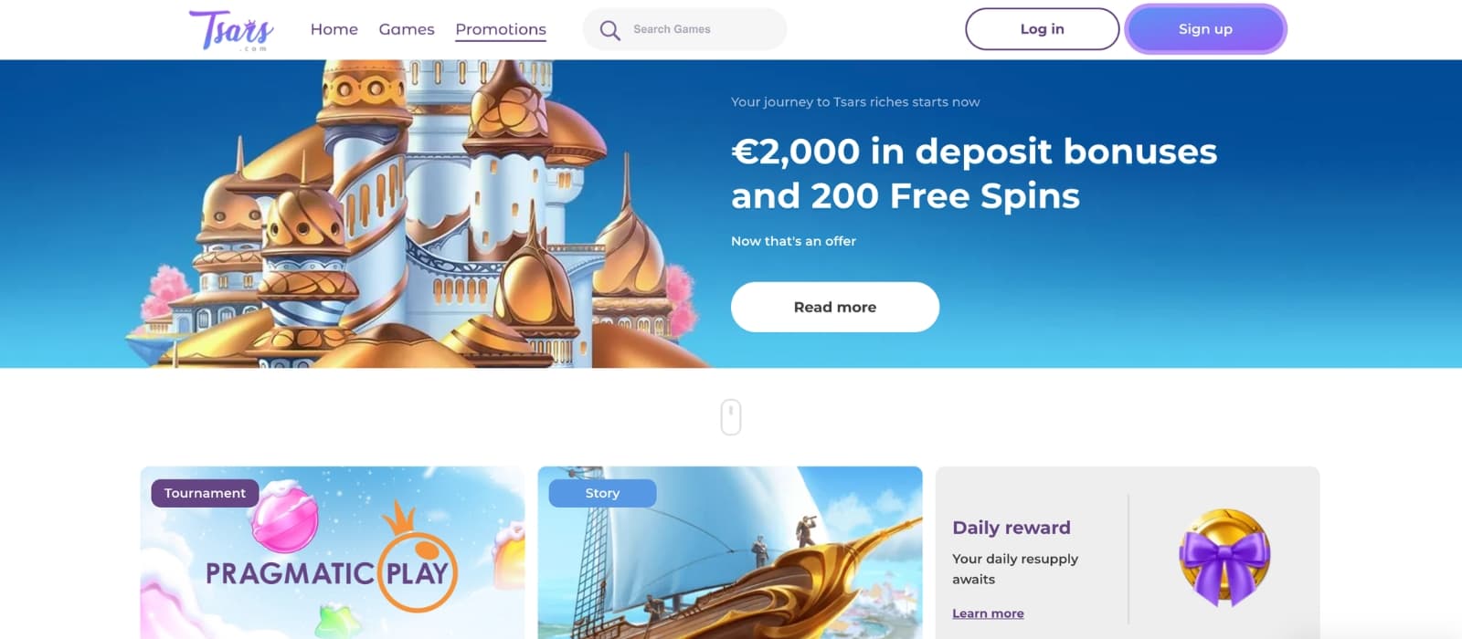 Tsars Casino bonus page displaying the casino’s welcome package, free spins offers, cashback promotions, and ongoing rewards in a regal-themed casino interface.