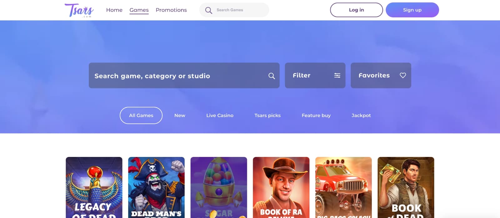 Tsars Casino game page showcasing online slots, live casino titles, and featured games with colorful thumbnails, provider filters, search tools, and category navigation.