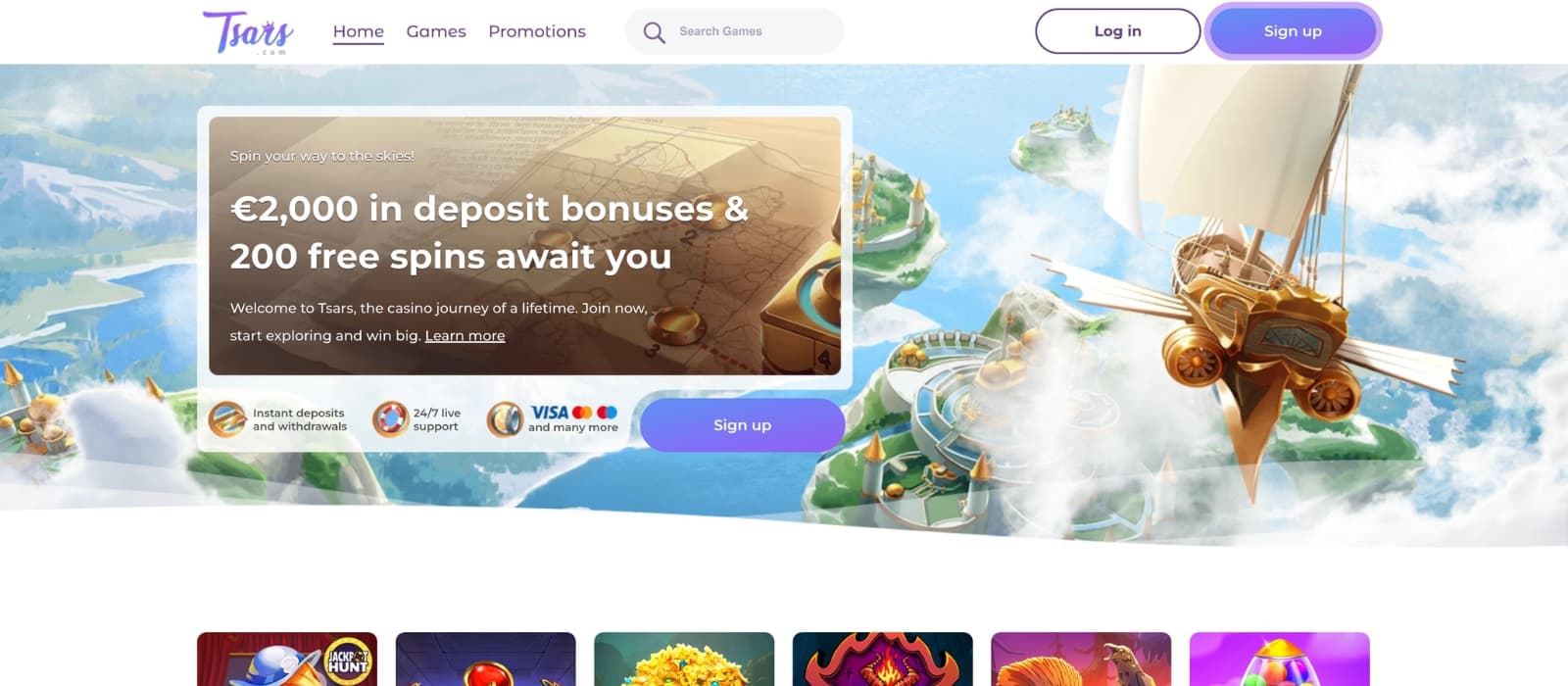 Tsars Casino homepage featuring a royal-inspired casino design with promotional banners, featured slot games, jackpot highlights, and navigation for casino categories and player promotions.