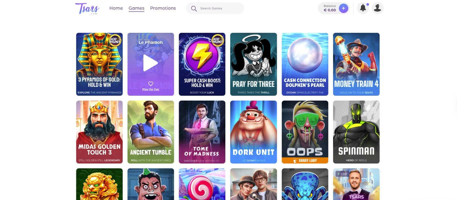 Tsars Casino’s games page, showing impressive titles, such as Tome of Madness and other exciting games.