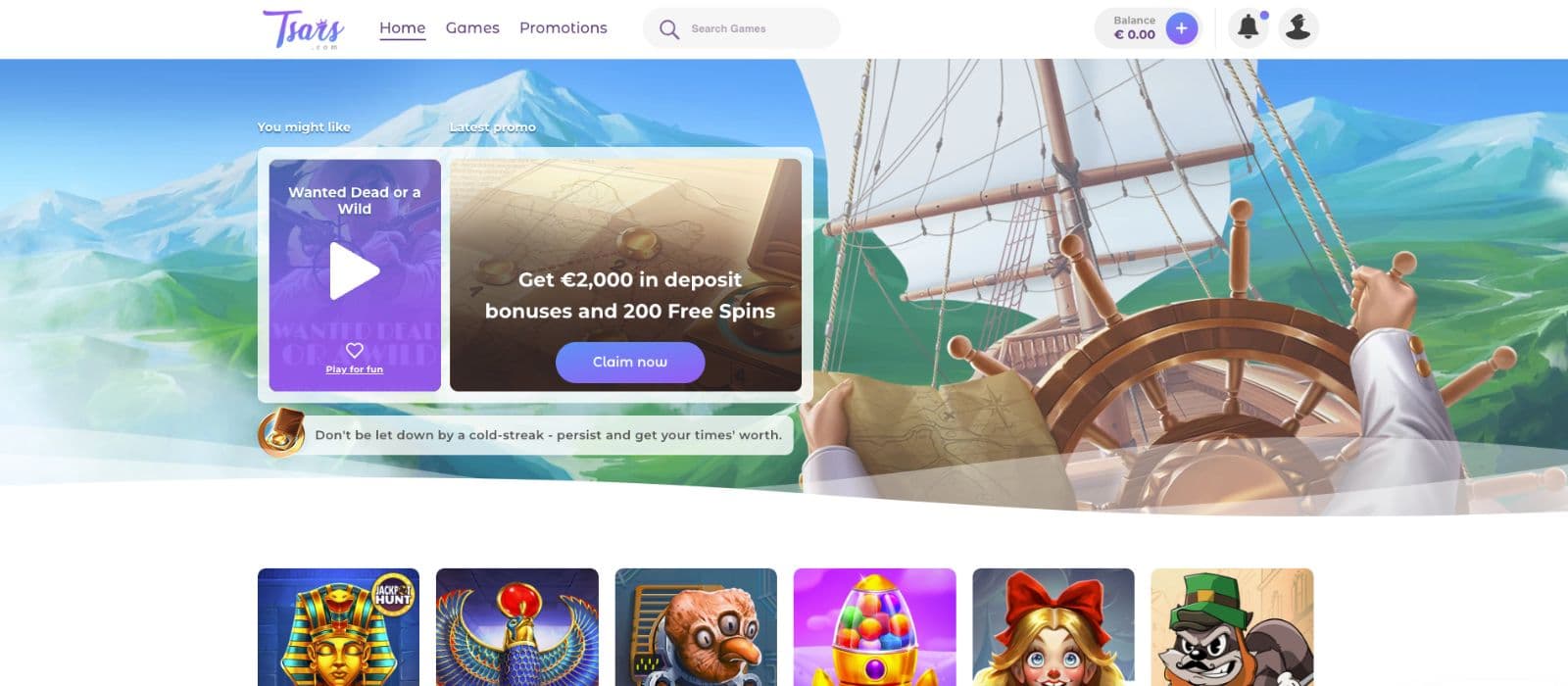 Tsars Casino homepage with €2,000 bonus banner, 200 free spins, and featured games like Legacy of Dead and Sugar Rush 1000. Tabs include New, Live Casino, Tsars Picks, and Jackpot.