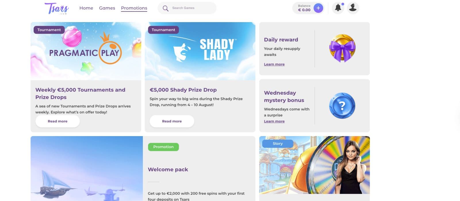 Tsars Casino promotions page highlighting the welcome pack, €5,000 tournaments, daily rewards, mystery bonuses, and live casino offers in a clean card layout with bold visuals.