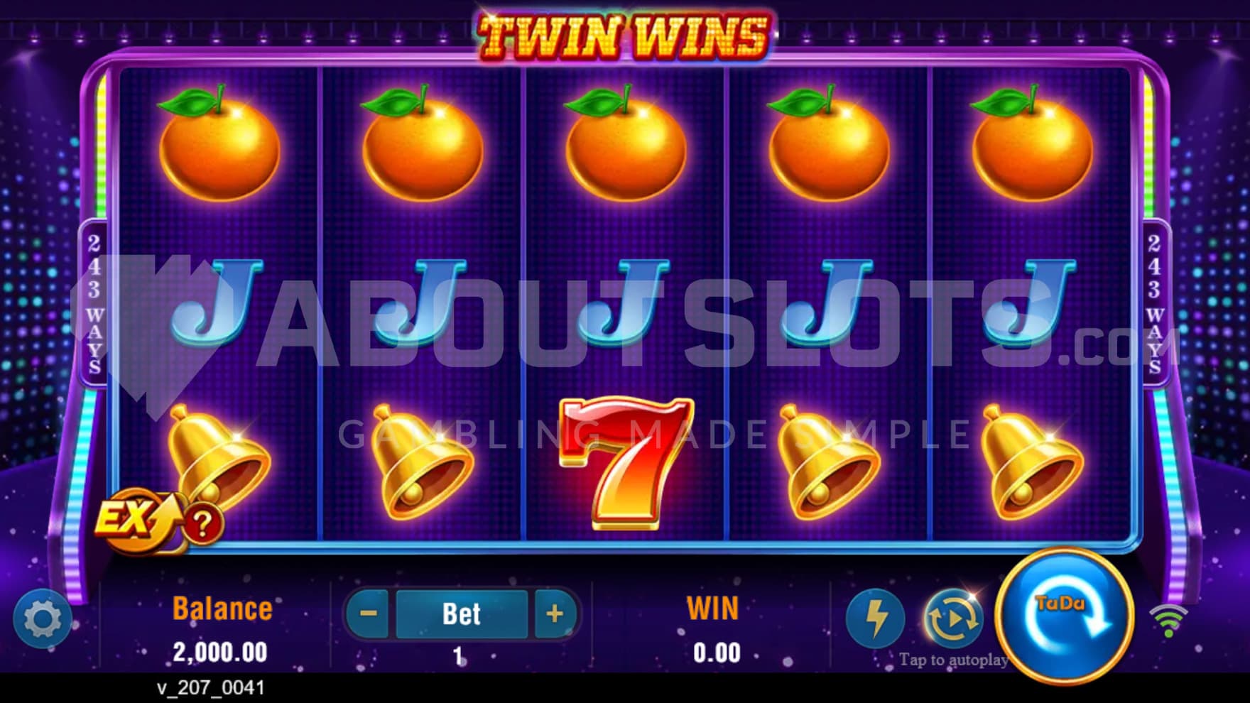 A neon grid filled with bells, fruit, and 7 symbols