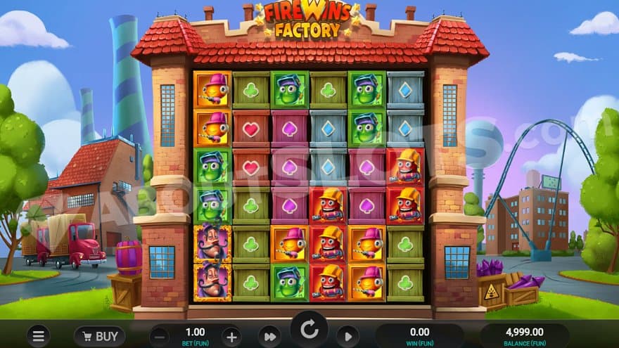 A casino slot on a cartoon factory building. 