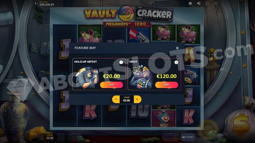 A menu offering a Hold-up Artist for 10X the bet and the Free Spins for 60X.