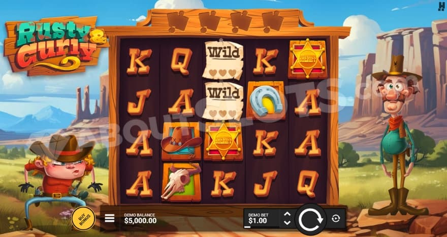 Base game with Rusty and Curly on the side of the reels.
