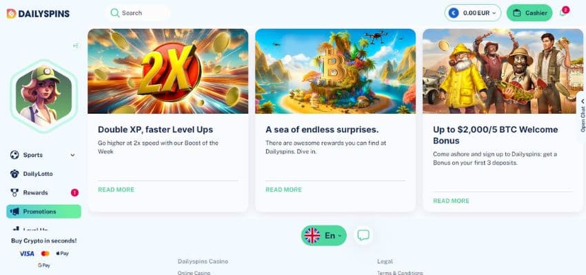 Dailyspins Casino’s bonus page showing the welcome bonus and other offers.