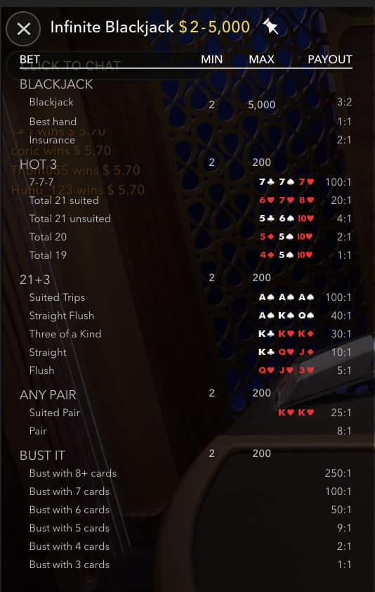 live infinite blackjack sidebet