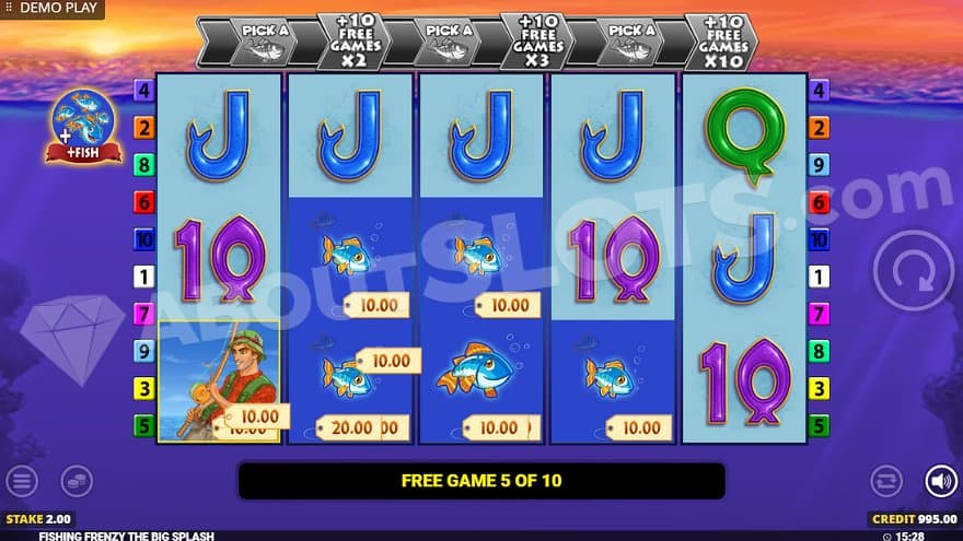 The Wild Fisherman on reel 1 is hauling in fish from reels 2, 3, and 4.