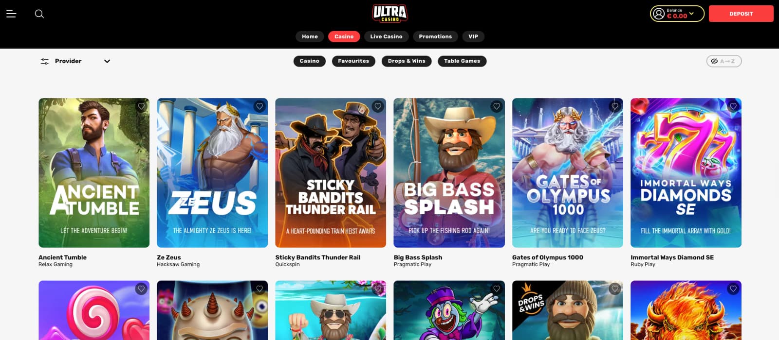 UltraCasino Landing Page features a bold red banner with the Treasure Chest spins promo, eye-catching coin graphics, and a preview of the most popular slot titles below.