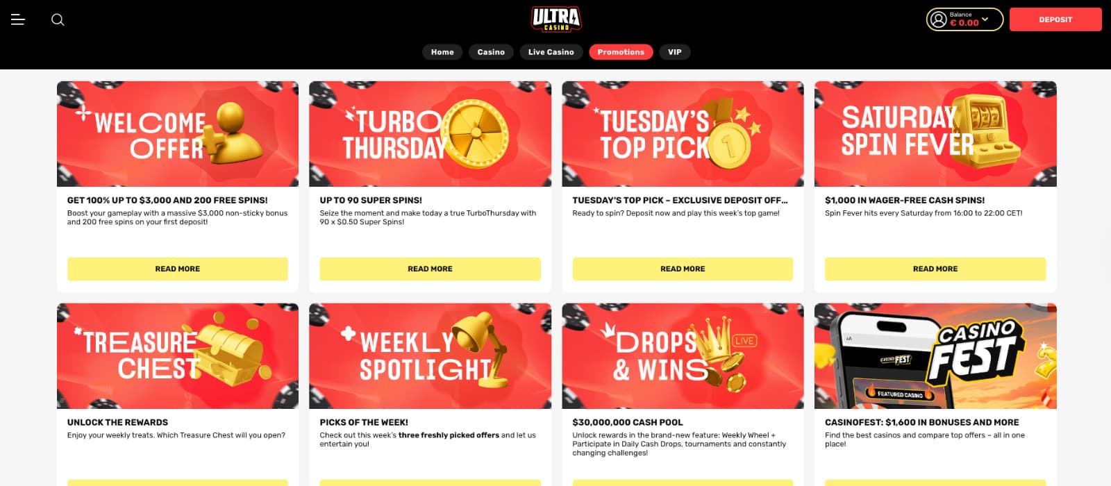 UltraCasino Promotions Page displays weekly offers like Turbo Thursday, CasinoFest, and Saturday Spin Fever, styled with bright visuals and easy “Read More” buttons.
