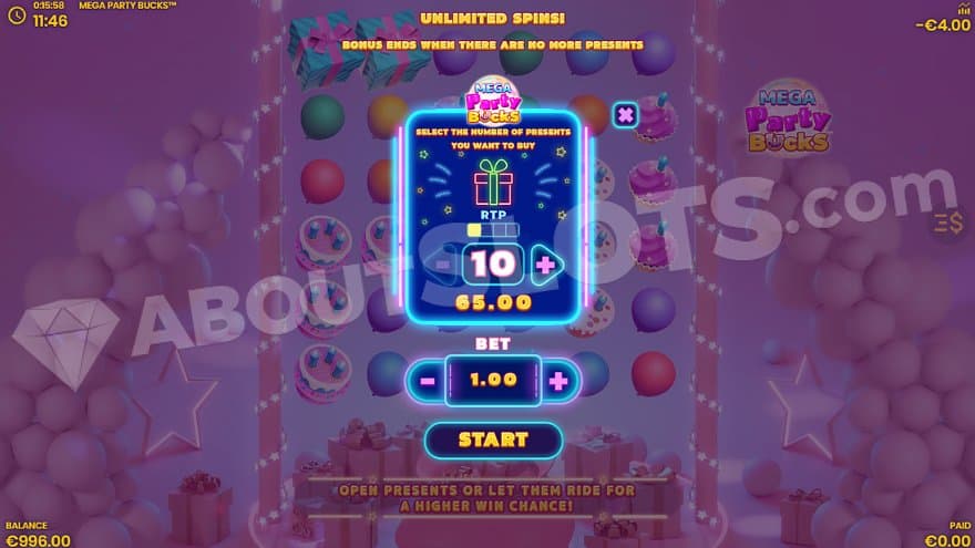 A menu offering the free spins with 10 presents for 65X the bet.