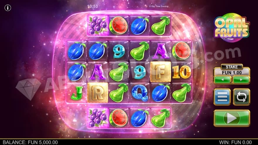 Base game with shimmering fruit symbols on the reels.