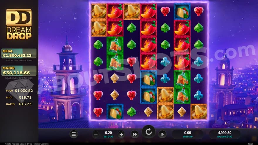 A 7 reel slot with the background of a big city. 