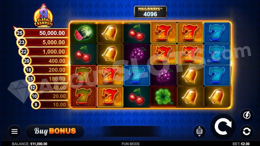 Six reels in a golden frame and the 9 Blazing Cashpots to the left.