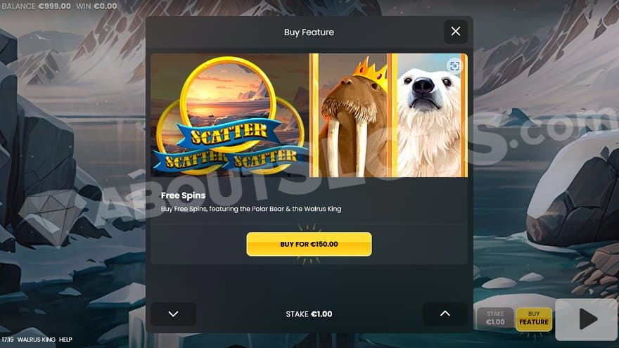 A menu offering the Free Spins for 150X the bet.
