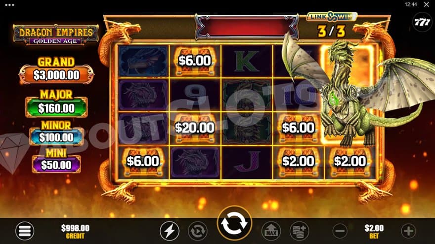 Six Link & Win symbols and a dragon on the fifth reel in the Link & Win Respins.