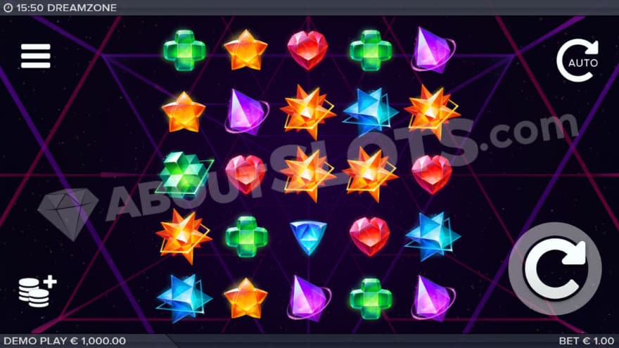 Base game with symbols in various shapes and colors on the reels.