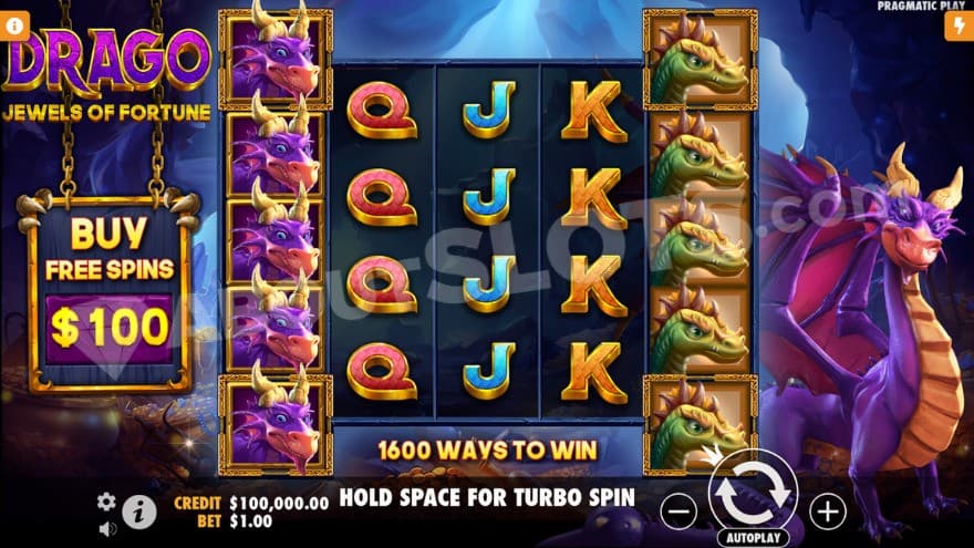 Base game with Drago standing on the right of the reels.