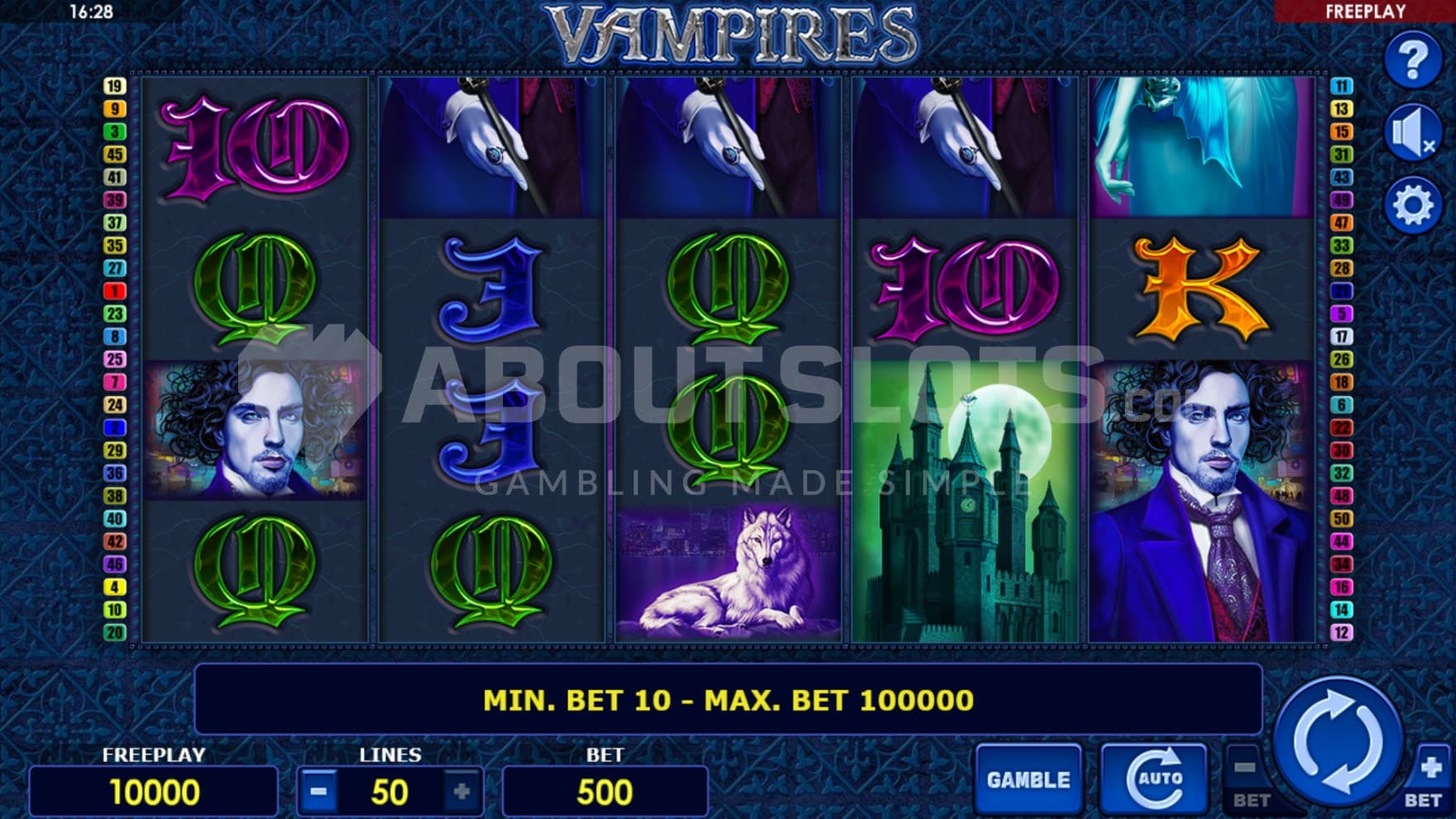 The game comes with vampires, castles, and wolfs as character symbols, without having a real setting or background
