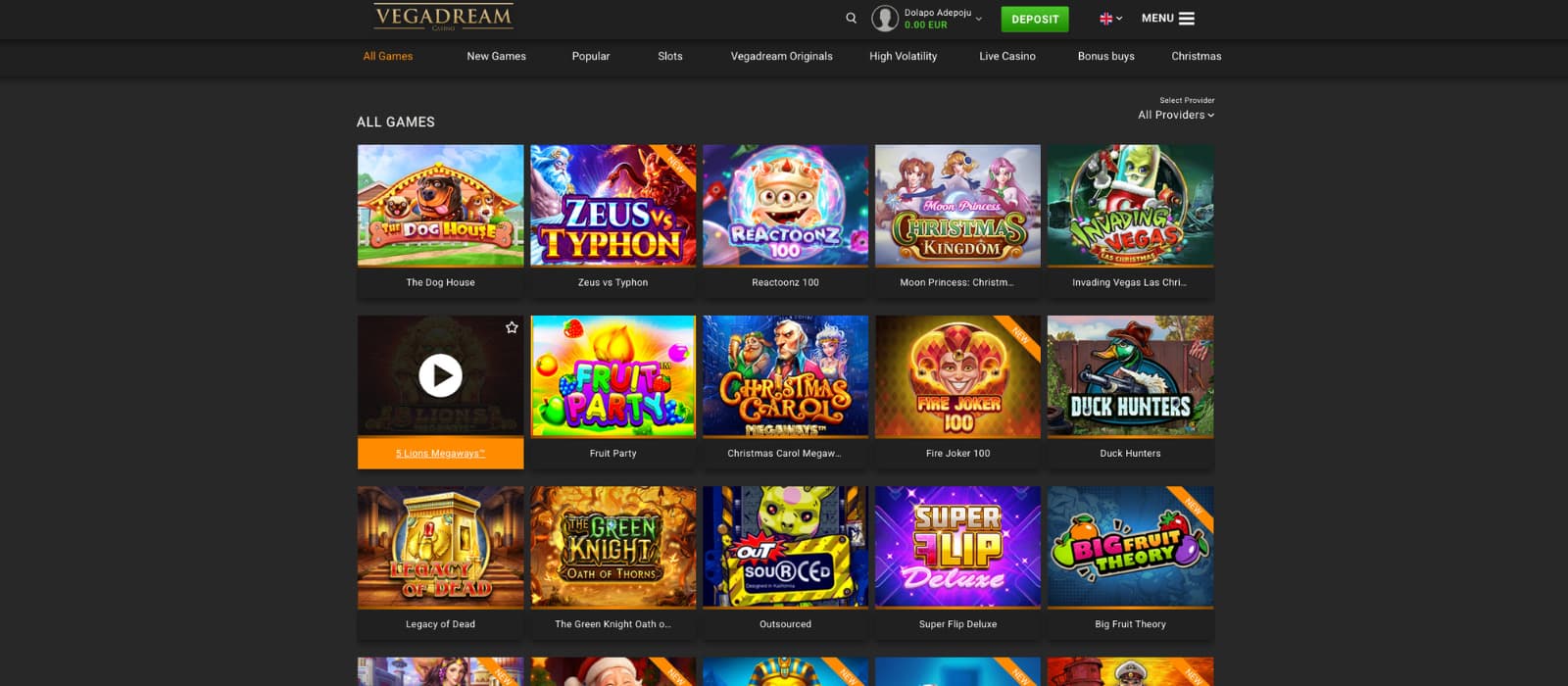 Vegadream Casino games page displaying the all-games lobby with popular slot titles, provider filters, and category tabs such as New Games, Slots, and Vegadream Originals.