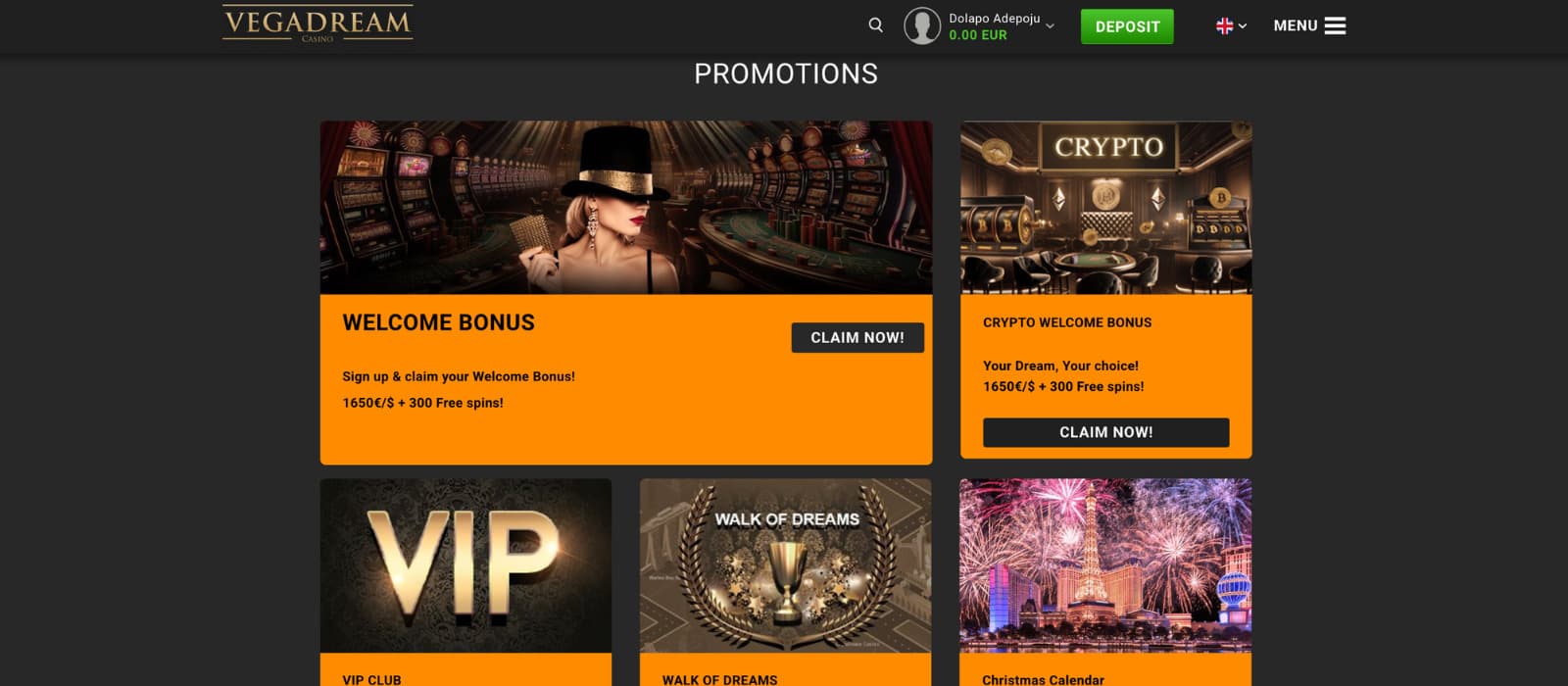 Vegadream Casino promotions page displaying the welcome bonus offer, crypto bonus option, VIP Club access, Walk of Dreams feature, and seasonal promotions in a grid layout.