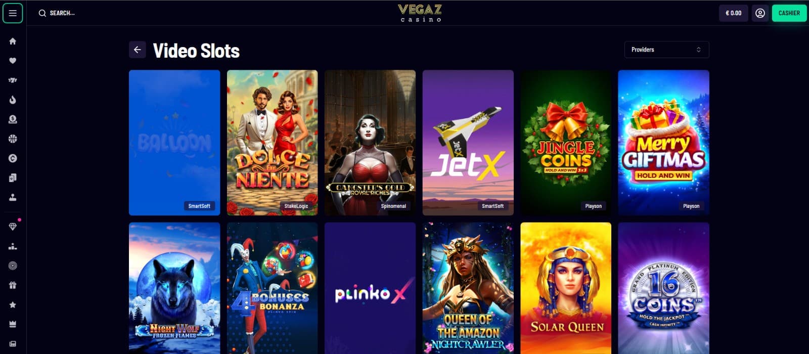 The games page of Vegaz Casino presents video slots, such as Balloon, Dolce far Niente, and more.