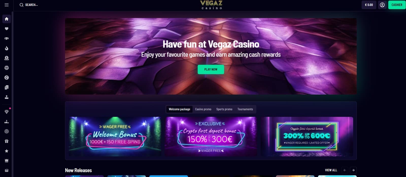 The landing page of Vegaz Casino displays the casino bonuses offered by the casino.