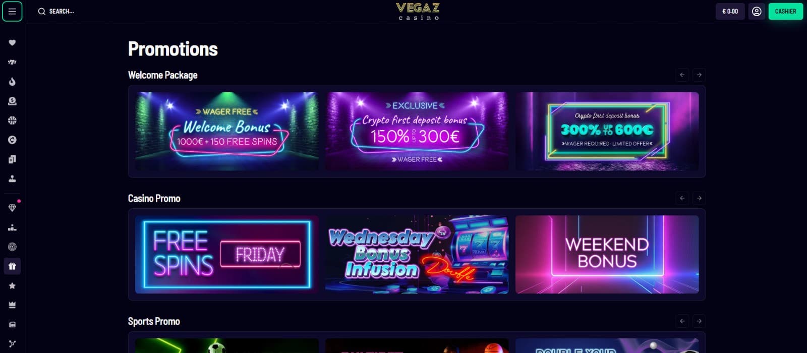 The promotions page of Vegaz Casino showcases the welcome package, sports bonuses, and more.